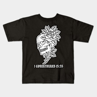 Skull with flowers 1 Corinthians 15:55 Tattoo Flash Kids T-Shirt